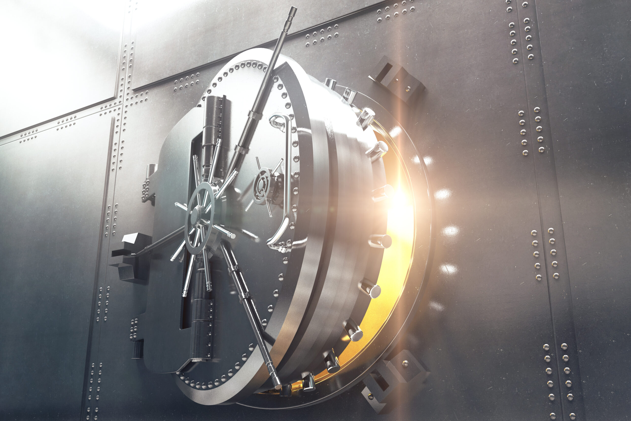 Bank Vault steel door opening with light gushing out