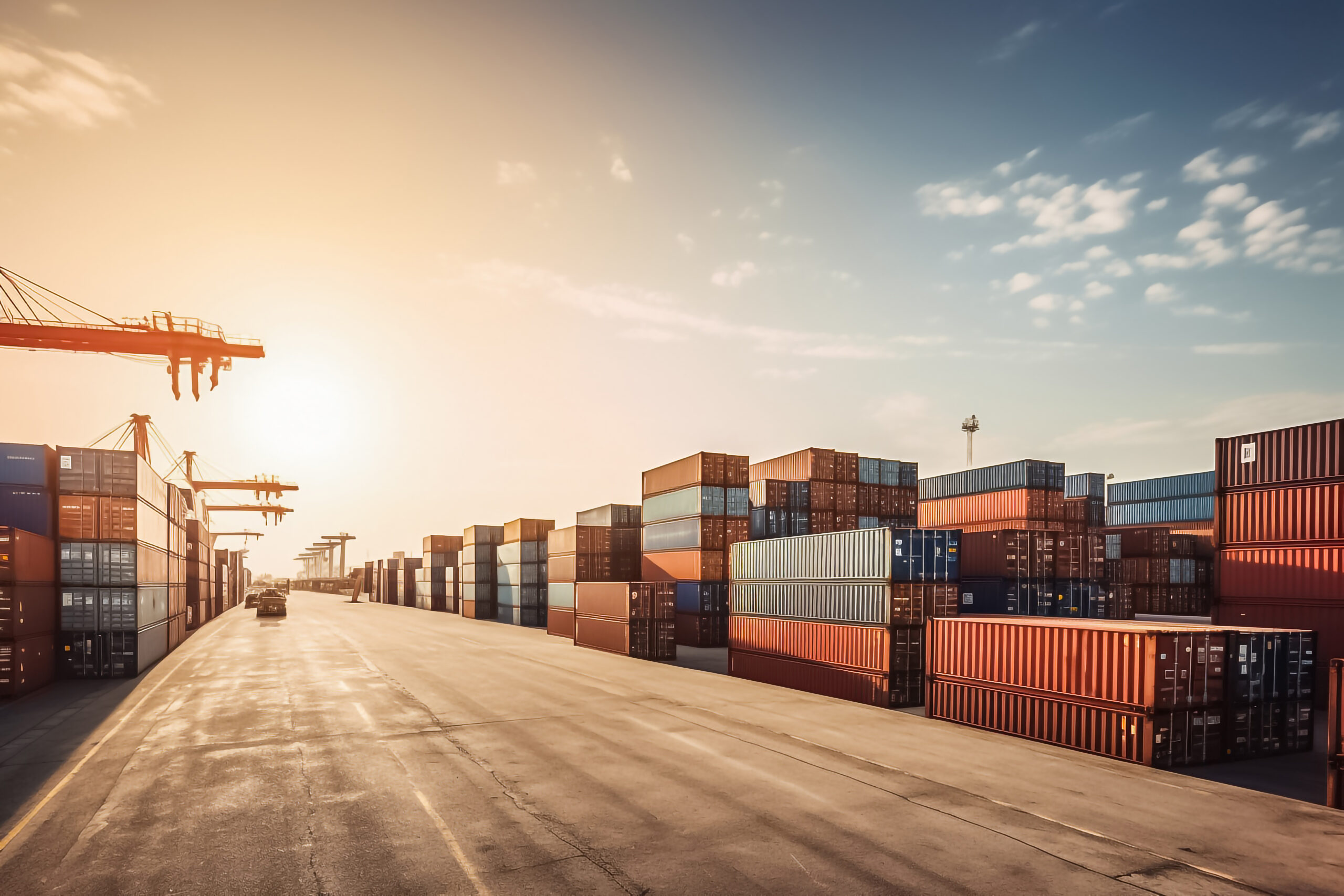 Rows of cargo containers rest atop massive container ships docked at an industrial port.